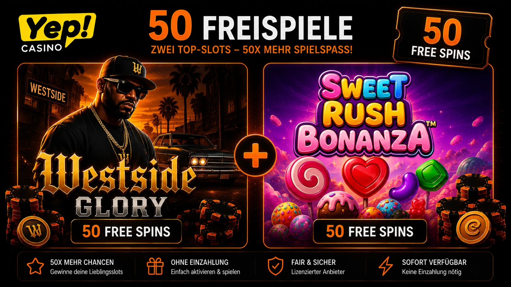 50 Yep Casino Freispiele für Westside Glory und Sweet Rush Bonanza
