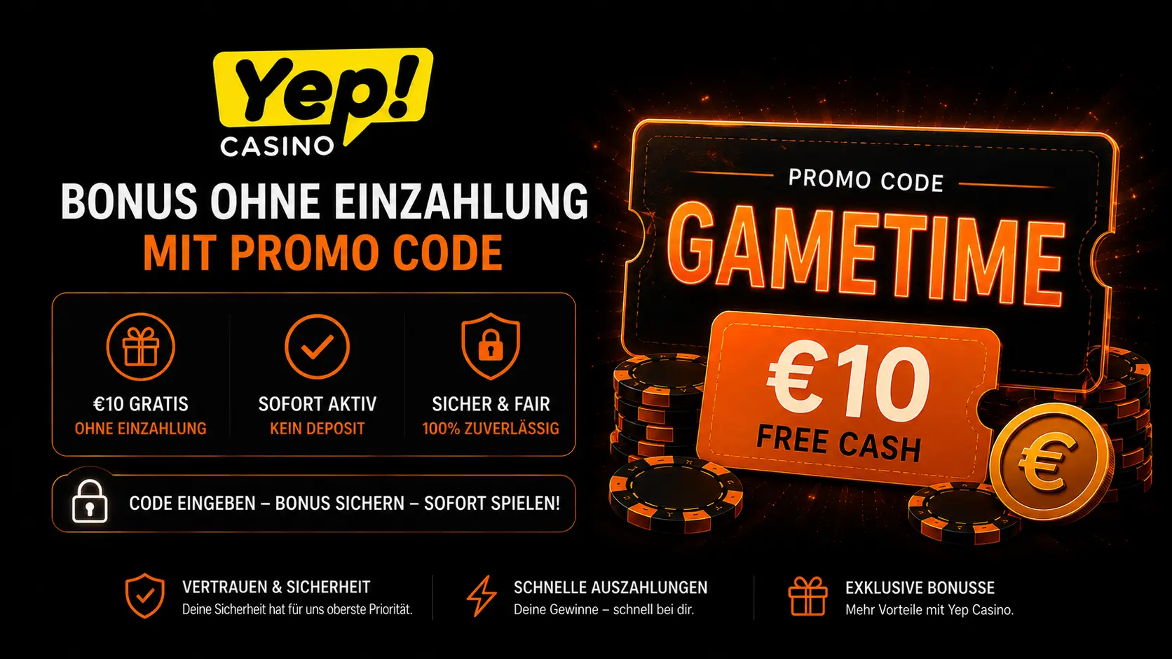Yep Casino Promo Code GAMETIME für den 10 Euro Bonus ohne Einzahlung