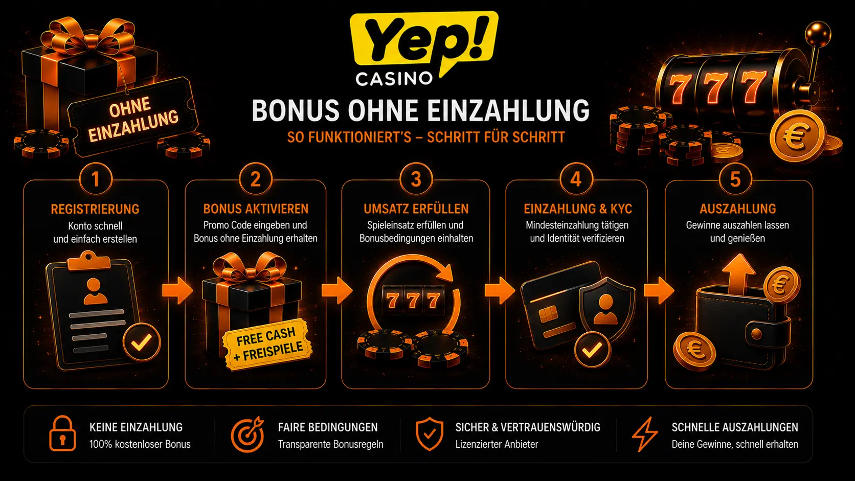 Ablauf des Yep Casino Bonus ohne Einzahlung von der Aktivierung bis zur Auszahlung