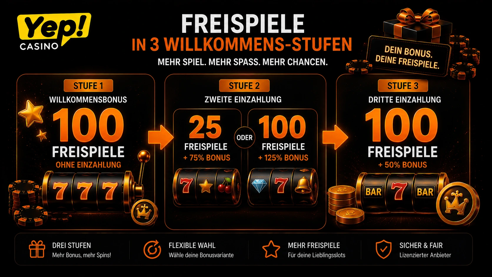 Yep Casino Freispiele im Willkommensbonus mit drei Bonusstufen